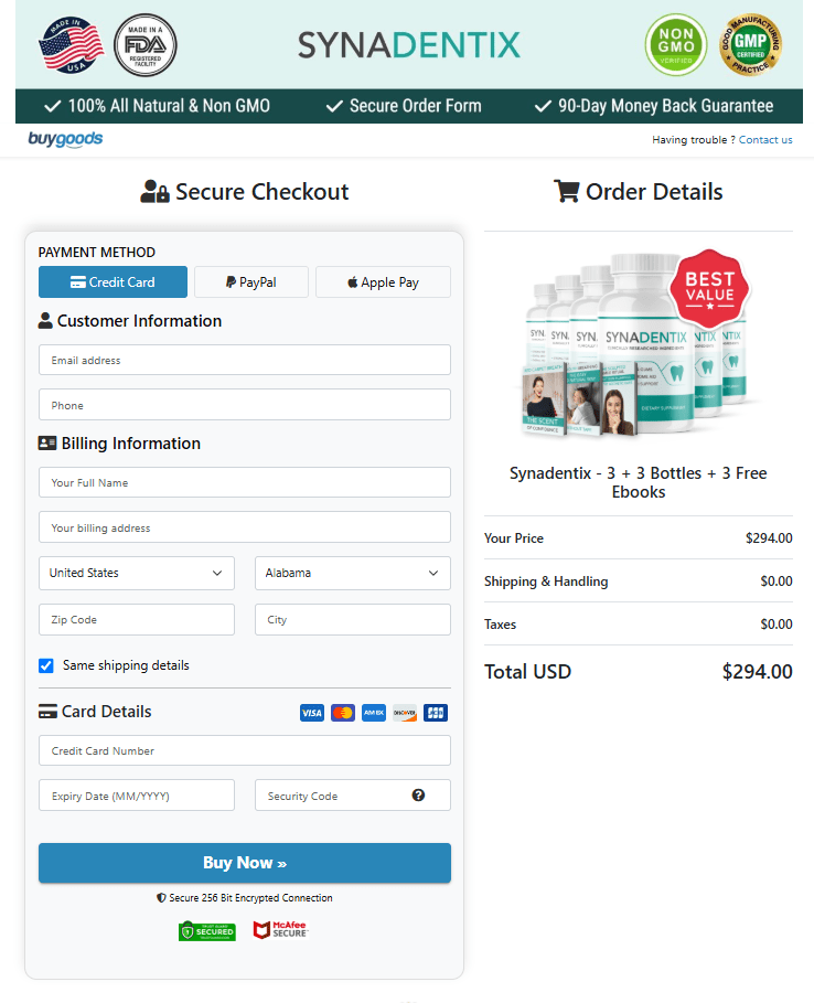 Synadentix secure checkout page preview